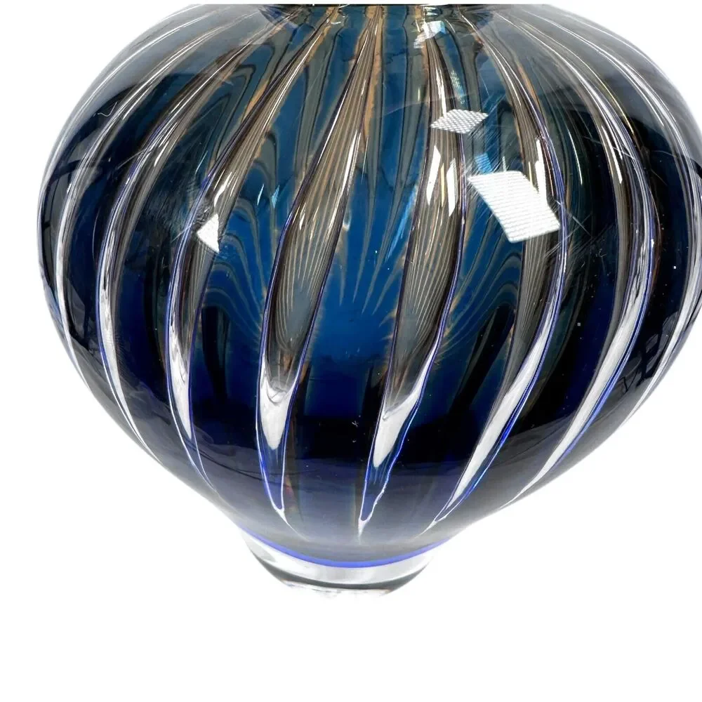Vintage Orrefors Ariel Vase Edvin Ohrström Blue Amber Swirl Stripe Art Glass MCM